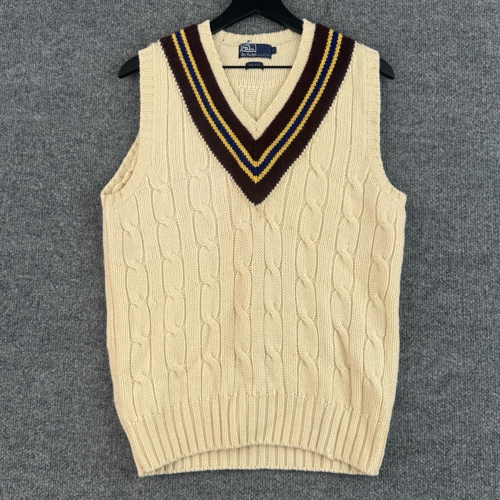 Vintage Polo Ralph Lauren Vest Sweater Mens S Beige Wool Tennis Cricket Cable